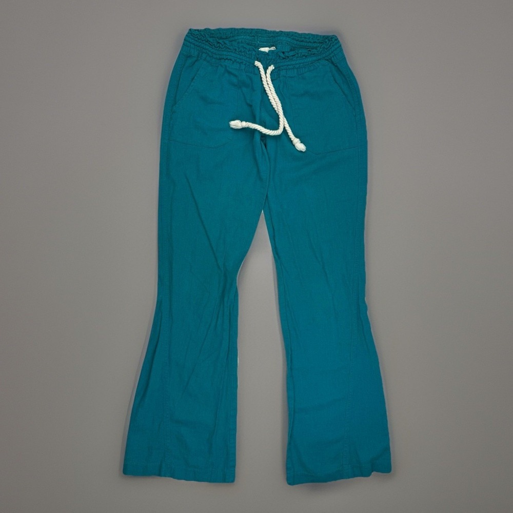 coastal linen pants beachy drawstring wide leg teal Roxy S